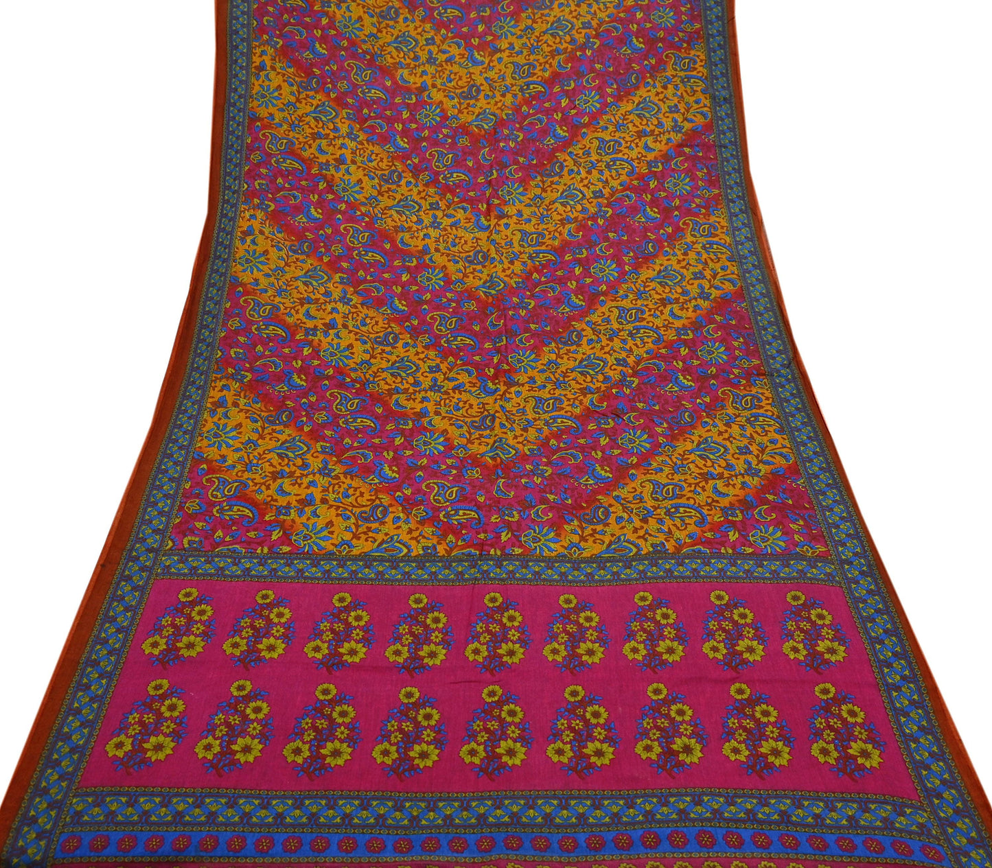 Indian Vintage Sari Pink & Mustard Pure Cotton Printed Sarees Craft Fabric Soft 5Yd Sarong Wrap Boho Fabric Kimono Quilting Crafting Upcycle