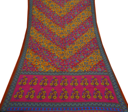 Indian Vintage Sari Pink & Mustard Pure Cotton Printed Sarees Craft Fabric Soft 5Yd Sarong Wrap Boho Fabric Kimono Quilting Crafting Upcycle
