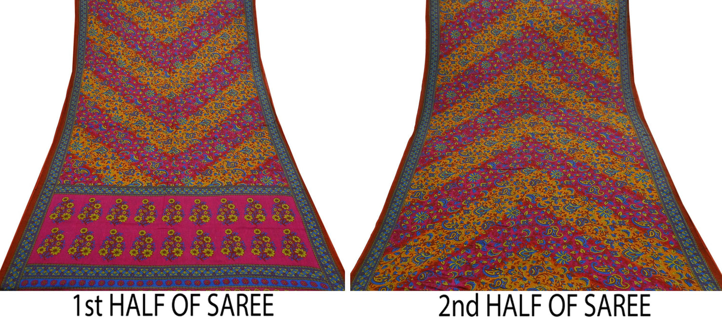 Indian Vintage Sari Pink & Mustard Pure Cotton Printed Sarees Craft Fabric Soft 5Yd Sarong Wrap Boho Fabric Kimono Quilting Crafting Upcycle