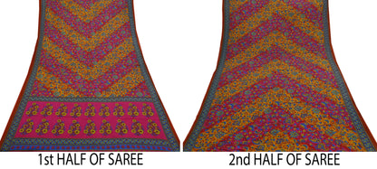 Indian Vintage Sari Pink & Mustard Pure Cotton Printed Sarees Craft Fabric Soft 5Yd Sarong Wrap Boho Fabric Kimono Quilting Crafting Upcycle
