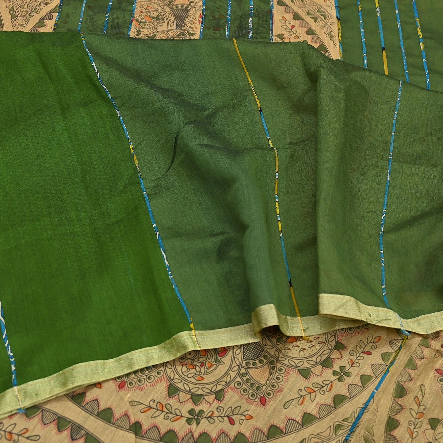 Indian Vintage Beige & Green Saree Artificial Silk Embroidered kalamkari Sari Craft Fabric 5Yd Sewing Stripes Dress making Crafting Fringes