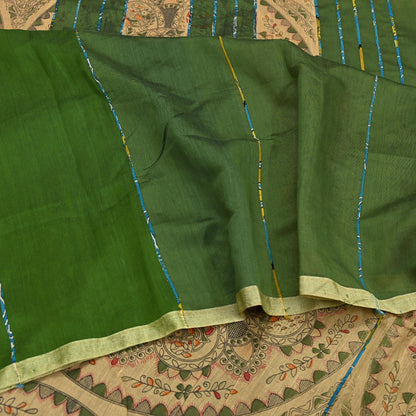 Indian Vintage Beige & Green Saree Artificial Silk Embroidered kalamkari Sari Craft Fabric 5Yd Sewing Stripes Dress making Crafting Fringes