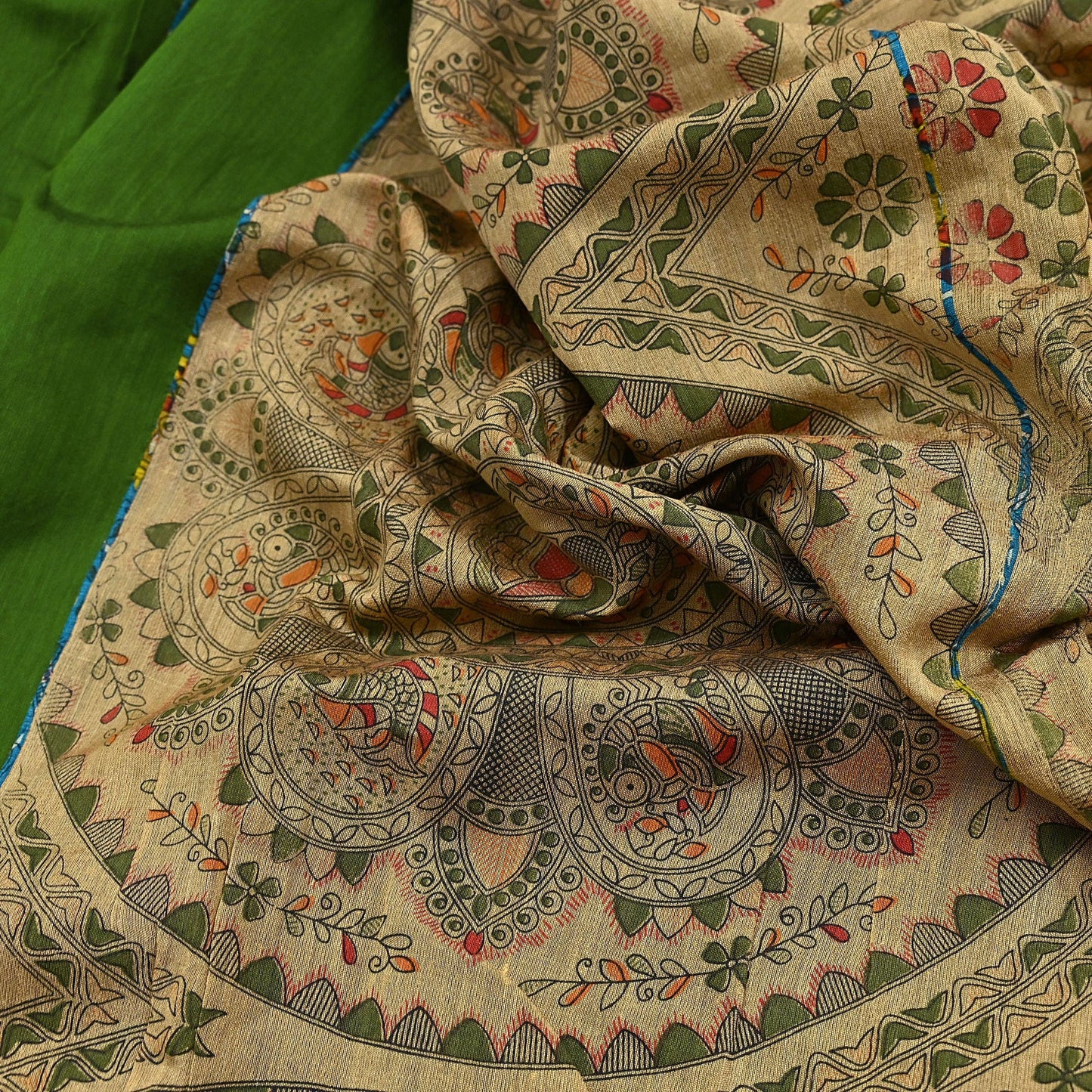 Indian Vintage Beige & Green Saree Artificial Silk Embroidered kalamkari Sari Craft Fabric 5Yd Sewing Stripes Dress making Crafting Fringes