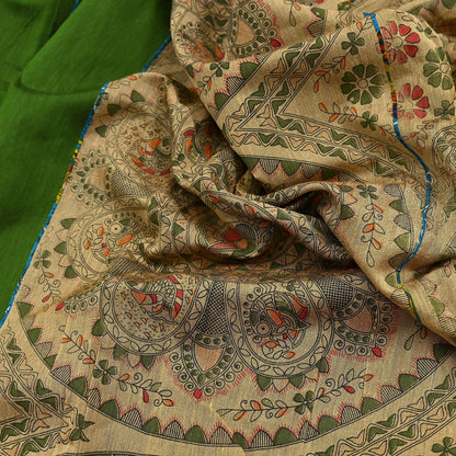 Indian Vintage Beige & Green Saree Artificial Silk Embroidered kalamkari Sari Craft Fabric 5Yd Sewing Stripes Dress making Crafting Fringes