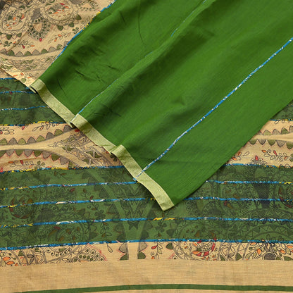 Indian Vintage Beige & Green Saree Artificial Silk Embroidered kalamkari Sari Craft Fabric 5Yd Sewing Stripes Dress making Crafting Fringes