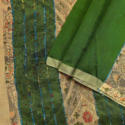 Indian Vintage Beige & Green Saree Artificial Silk Embroidered kalamkari Sari Craft Fabric 5Yd Sewing Stripes Dress making Crafting Fringes