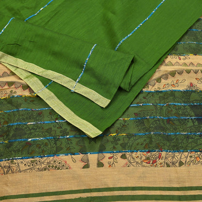 Indian Vintage Beige & Green Saree Artificial Silk Embroidered kalamkari Sari Craft Fabric 5Yd Sewing Stripes Dress making Crafting Fringes