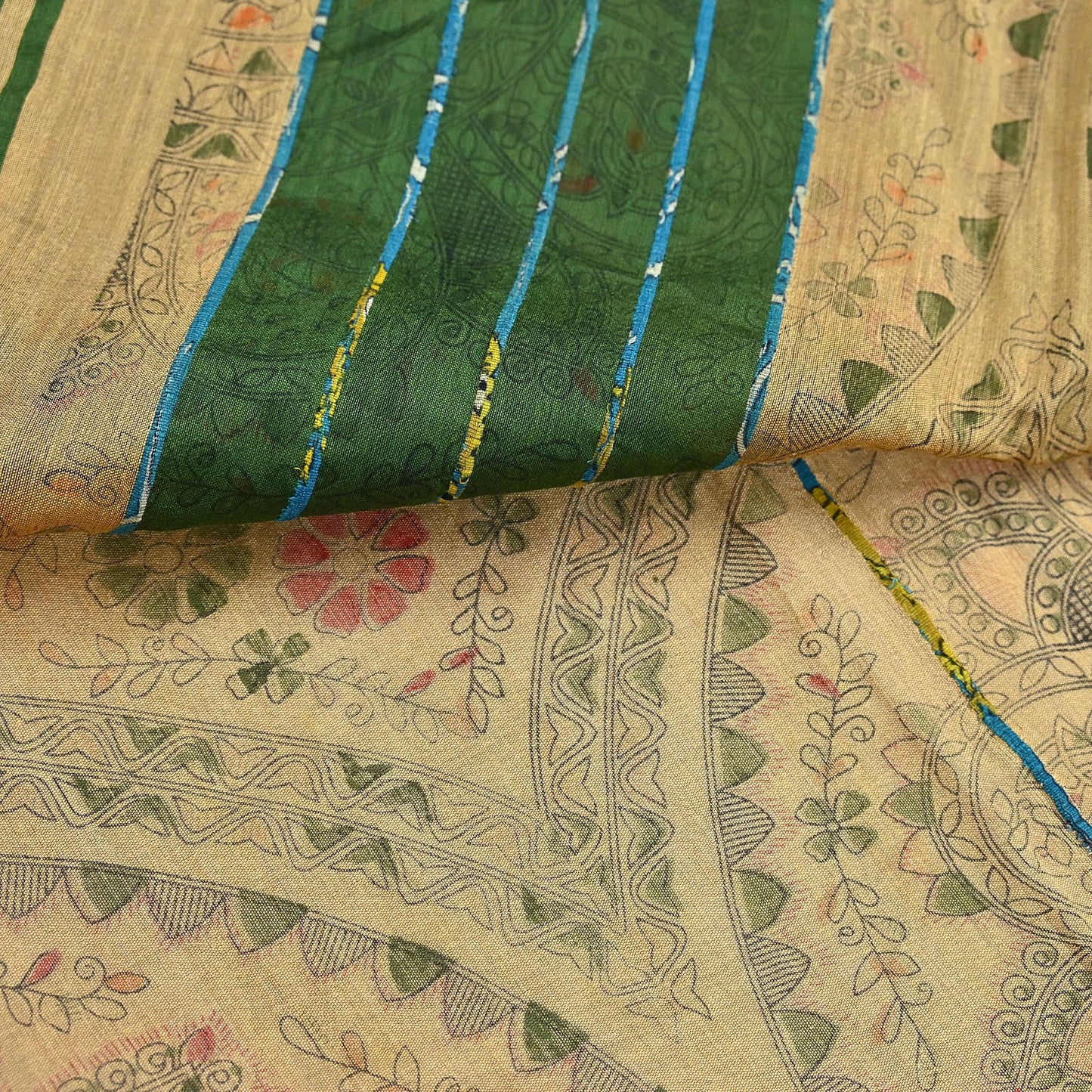 Indian Vintage Beige & Green Saree Artificial Silk Embroidered kalamkari Sari Craft Fabric 5Yd Sewing Stripes Dress making Crafting Fringes