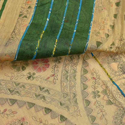 Indian Vintage Beige & Green Saree Artificial Silk Embroidered kalamkari Sari Craft Fabric 5Yd Sewing Stripes Dress making Crafting Fringes