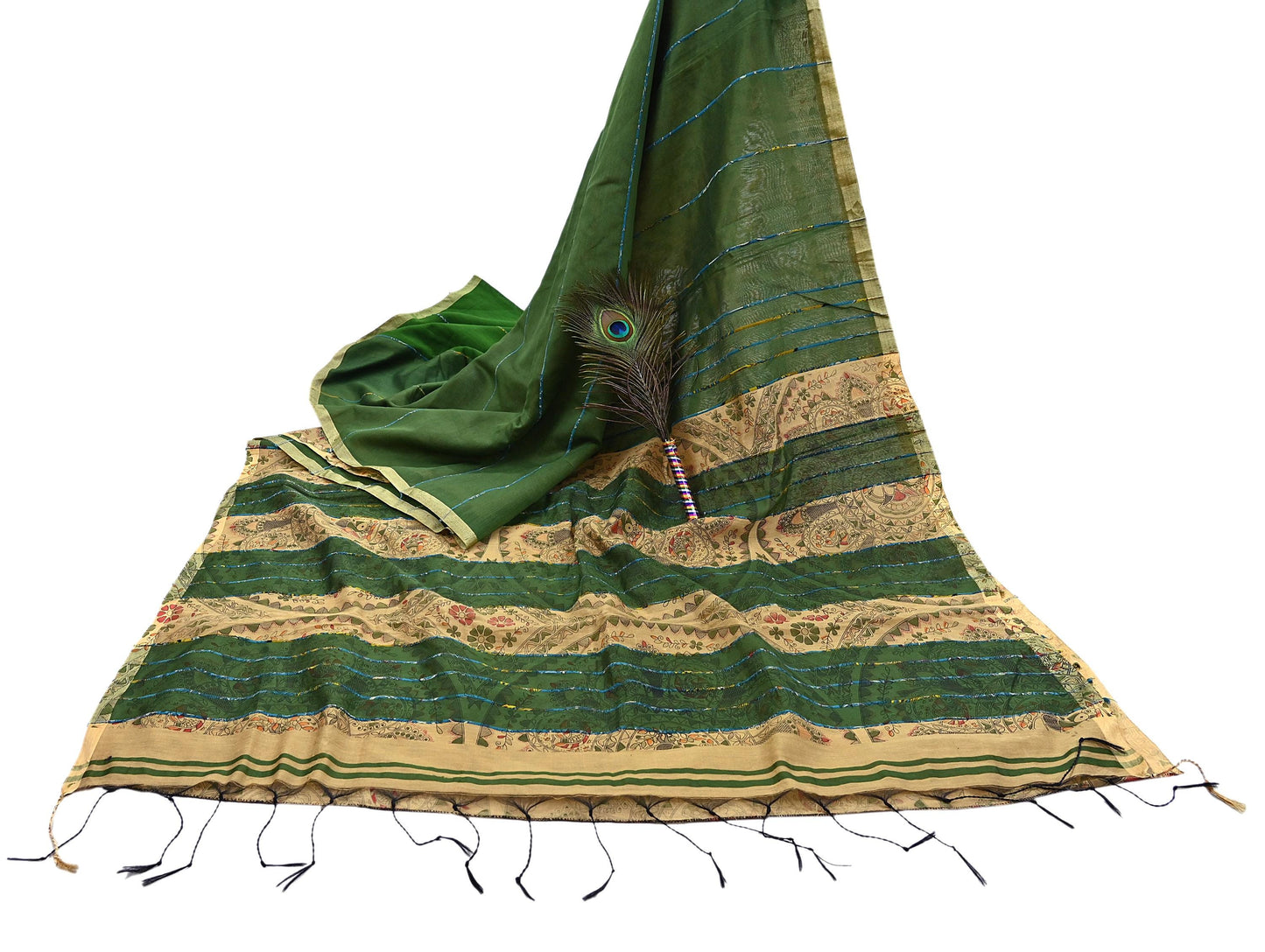 Indian Vintage Beige & Green Saree Artificial Silk Embroidered kalamkari Sari Craft Fabric 5Yd Sewing Stripes Dress making Crafting Fringes