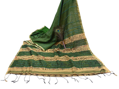 Indian Vintage Beige & Green Saree Artificial Silk Embroidered kalamkari Sari Craft Fabric 5Yd Sewing Stripes Dress making Crafting Fringes