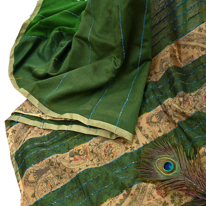 Indian Vintage Beige & Green Saree Artificial Silk Embroidered kalamkari Sari Craft Fabric 5Yd Sewing Stripes Dress making Crafting Fringes