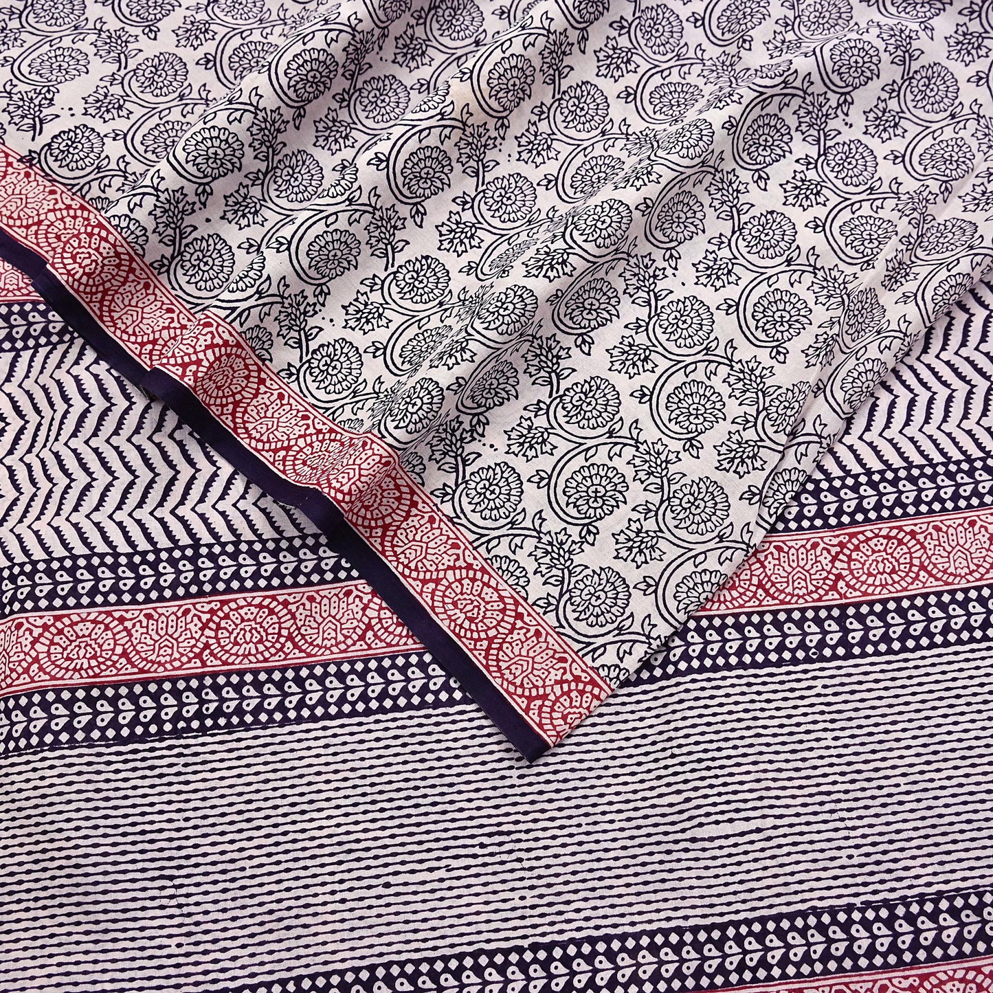 Indian Vintage Sari Cream & Black Pure Chanderi Cotton Hand Block Printed Sarees 5Yd Craft Fabric Soft Sewing Sarong Dress Making Quilting