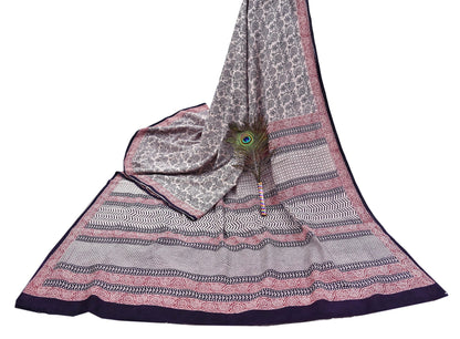 Indian Vintage Sari Cream & Black Pure Chanderi Cotton Hand Block Printed Sarees 5Yd Craft Fabric Soft Sewing Sarong Dress Making Quilting