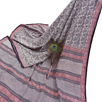 Indian Vintage Sari Cream & Black Pure Chanderi Cotton Hand Block Printed Sarees 5Yd Craft Fabric Soft Sewing Sarong Dress Making Quilting