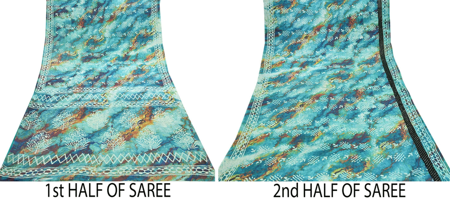 Indian Vintage Sari Green & Ivory Pure Chanderi Cotton Hand Block Printed Sarees 5Yd Craft Fabric Soft Sewing Sarong Dress Making Quilting