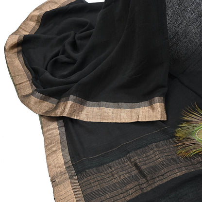 Indian Vintage Sari Black hand woven Sari Pure chanderi Silk Saree Craft Fabric 5Yd Floral Soft Zari Dress making For Crafting Quilting