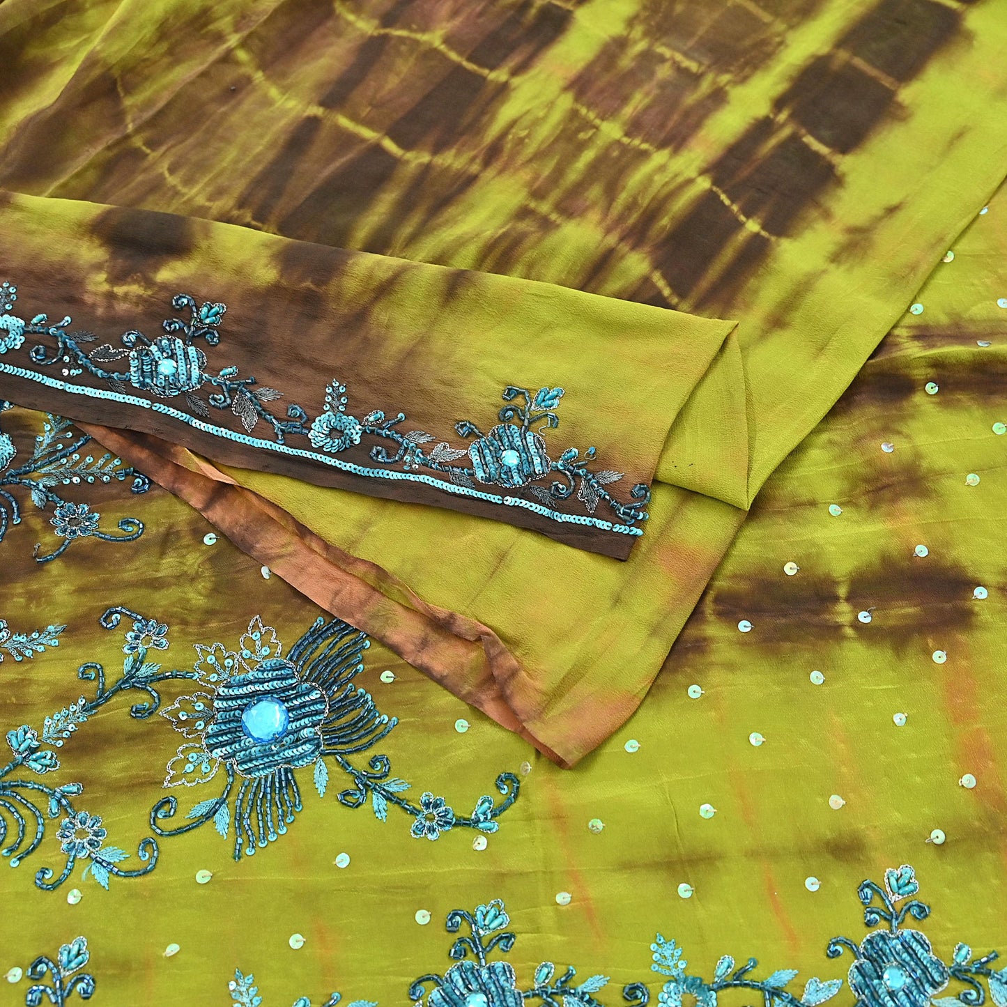 Indian Vintage Brown & Green Saree Pure Crepe Silk Hand Embroidered Tie-Dye Sari Fabric 5yard Sewing Craft Fabric Ethnic zari