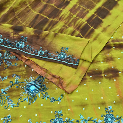 Indian Vintage Brown & Green Saree Pure Crepe Silk Hand Embroidered Tie-Dye Sari Fabric 5yard Sewing Craft Fabric Ethnic zari