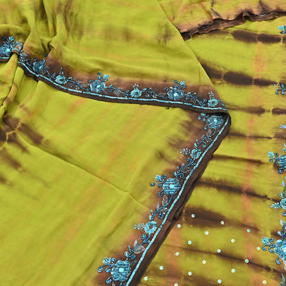 Indian Vintage Brown & Green Saree Pure Crepe Silk Hand Embroidered Tie-Dye Sari Fabric 5yard Sewing Craft Fabric Ethnic zari