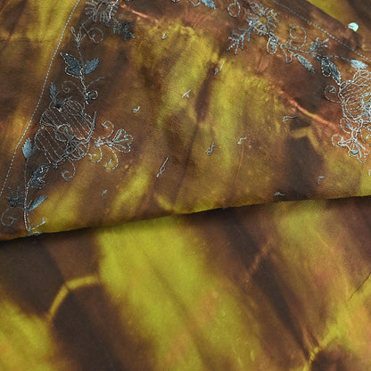 Indian Vintage Brown & Green Saree Pure Crepe Silk Hand Embroidered Tie-Dye Sari Fabric 5yard Sewing Craft Fabric Ethnic zari