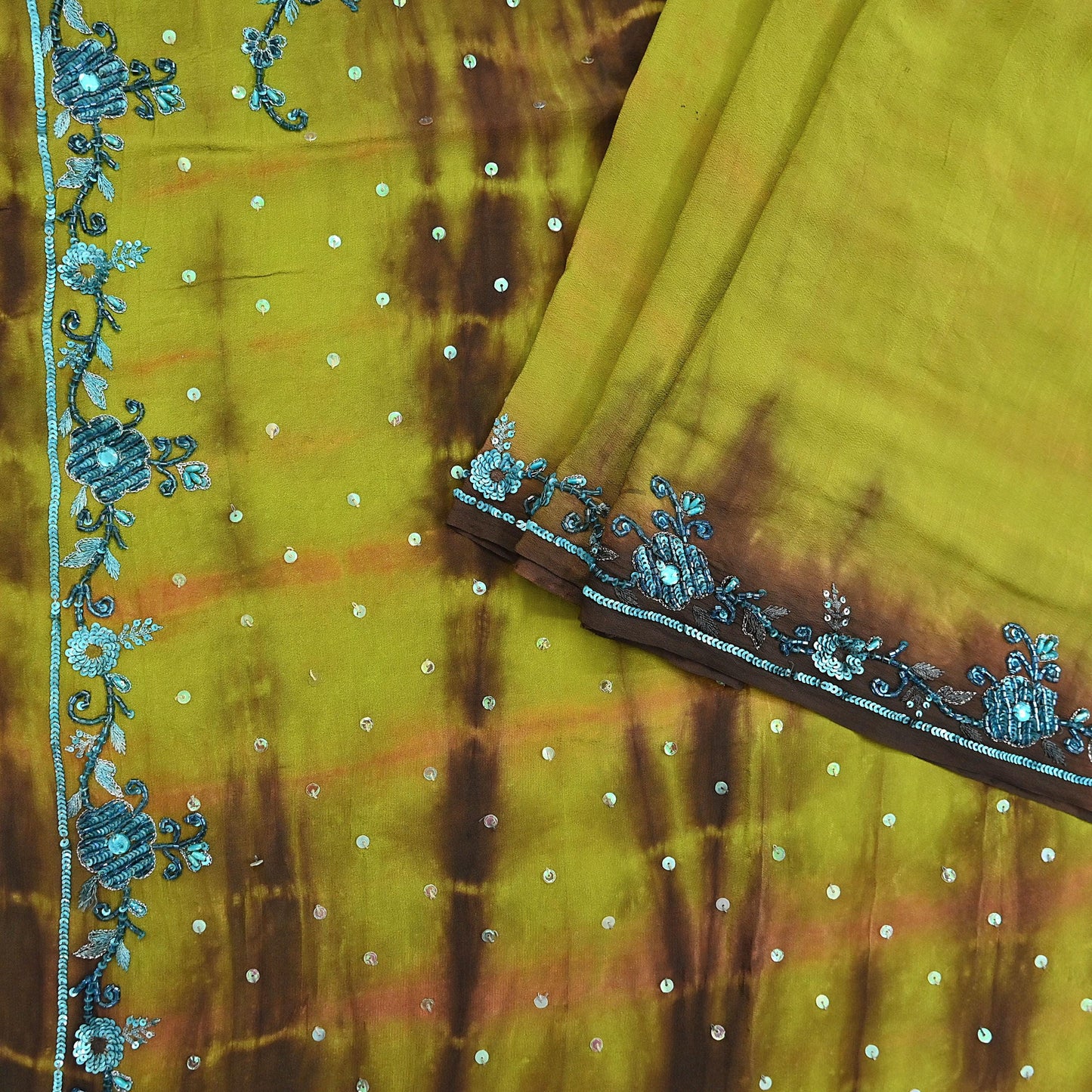 Indian Vintage Brown & Green Saree Pure Crepe Silk Hand Embroidered Tie-Dye Sari Fabric 5yard Sewing Craft Fabric Ethnic zari