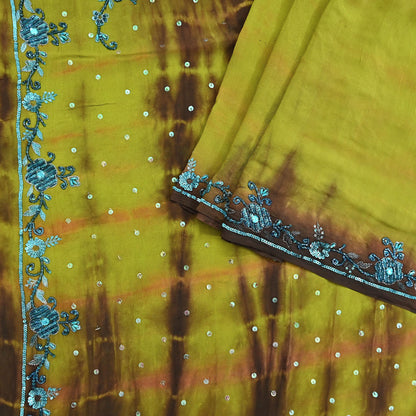 Indian Vintage Brown & Green Saree Pure Crepe Silk Hand Embroidered Tie-Dye Sari Fabric 5yard Sewing Craft Fabric Ethnic zari