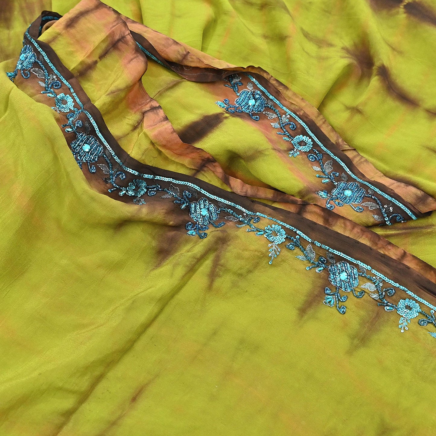 Indian Vintage Brown & Green Saree Pure Crepe Silk Hand Embroidered Tie-Dye Sari Fabric 5yard Sewing Craft Fabric Ethnic zari