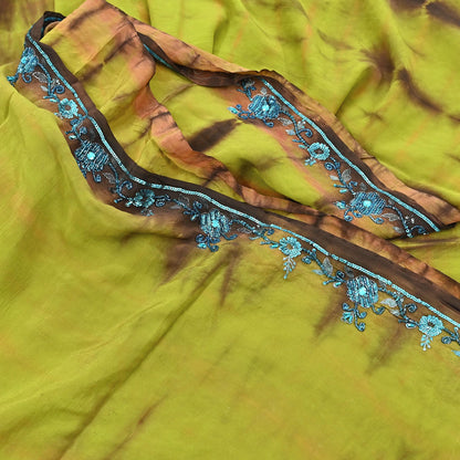 Indian Vintage Brown & Green Saree Pure Crepe Silk Hand Embroidered Tie-Dye Sari Fabric 5yard Sewing Craft Fabric Ethnic zari