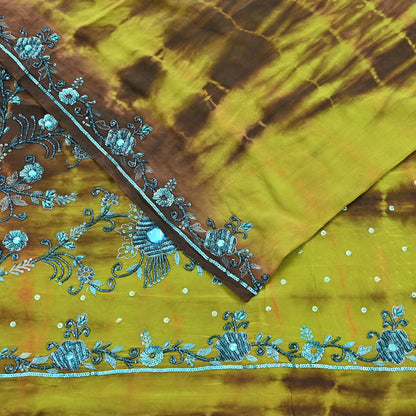 Indian Vintage Brown & Green Saree Pure Crepe Silk Hand Embroidered Tie-Dye Sari Fabric 5yard Sewing Craft Fabric Ethnic zari
