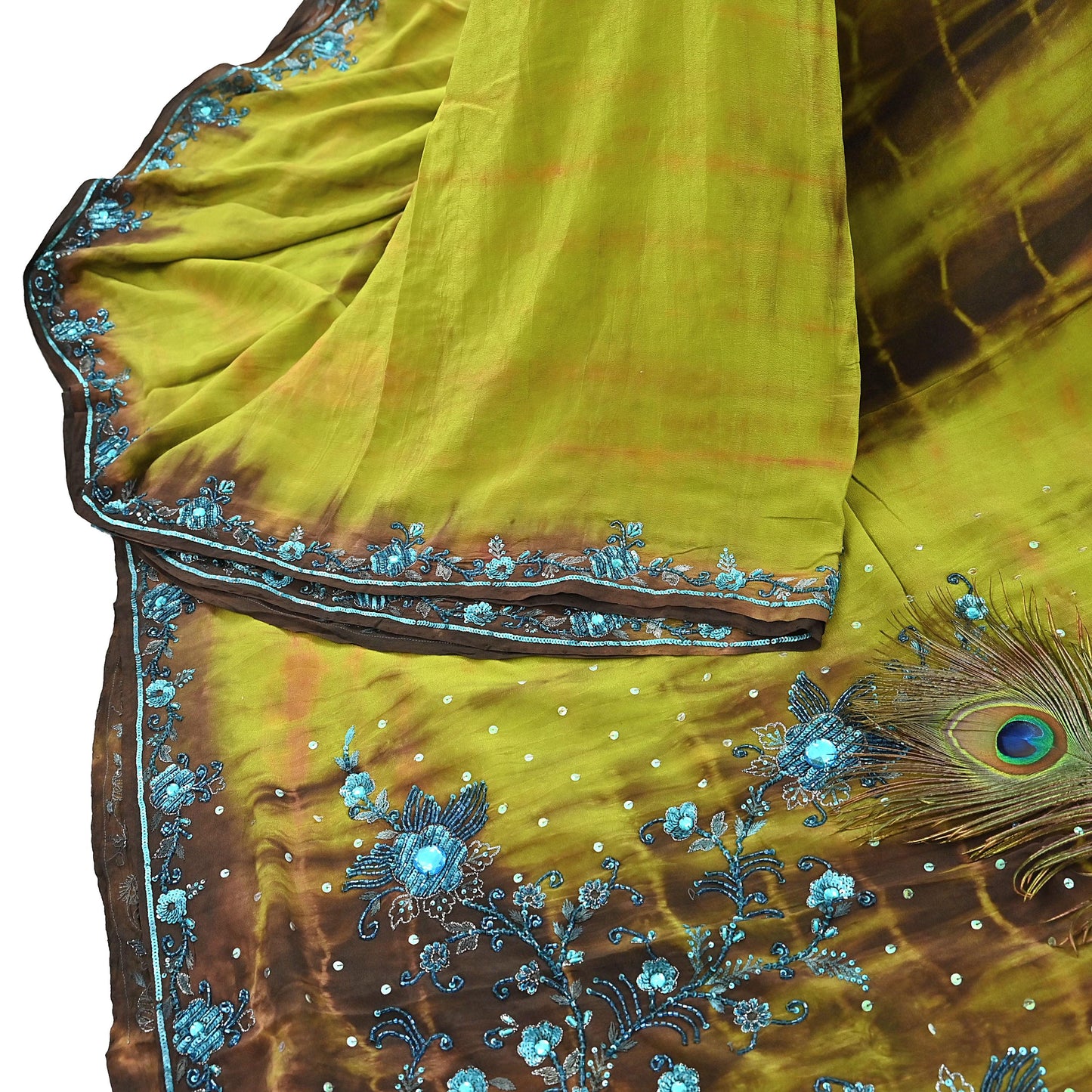 Indian Vintage Brown & Green Saree Pure Crepe Silk Hand Embroidered Tie-Dye Sari Fabric 5yard Sewing Craft Fabric Ethnic zari