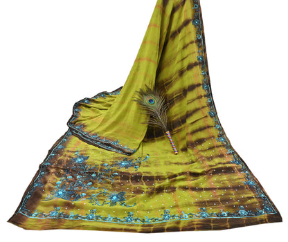 Indian Vintage Brown & Green Saree Pure Crepe Silk Hand Embroidered Tie-Dye Sari Fabric 5yard Sewing Craft Fabric Ethnic zari
