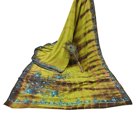 Indian Vintage Brown & Green Saree Pure Crepe Silk Hand Embroidered Tie-Dye Sari Fabric 5yard Sewing Craft Fabric Ethnic zari