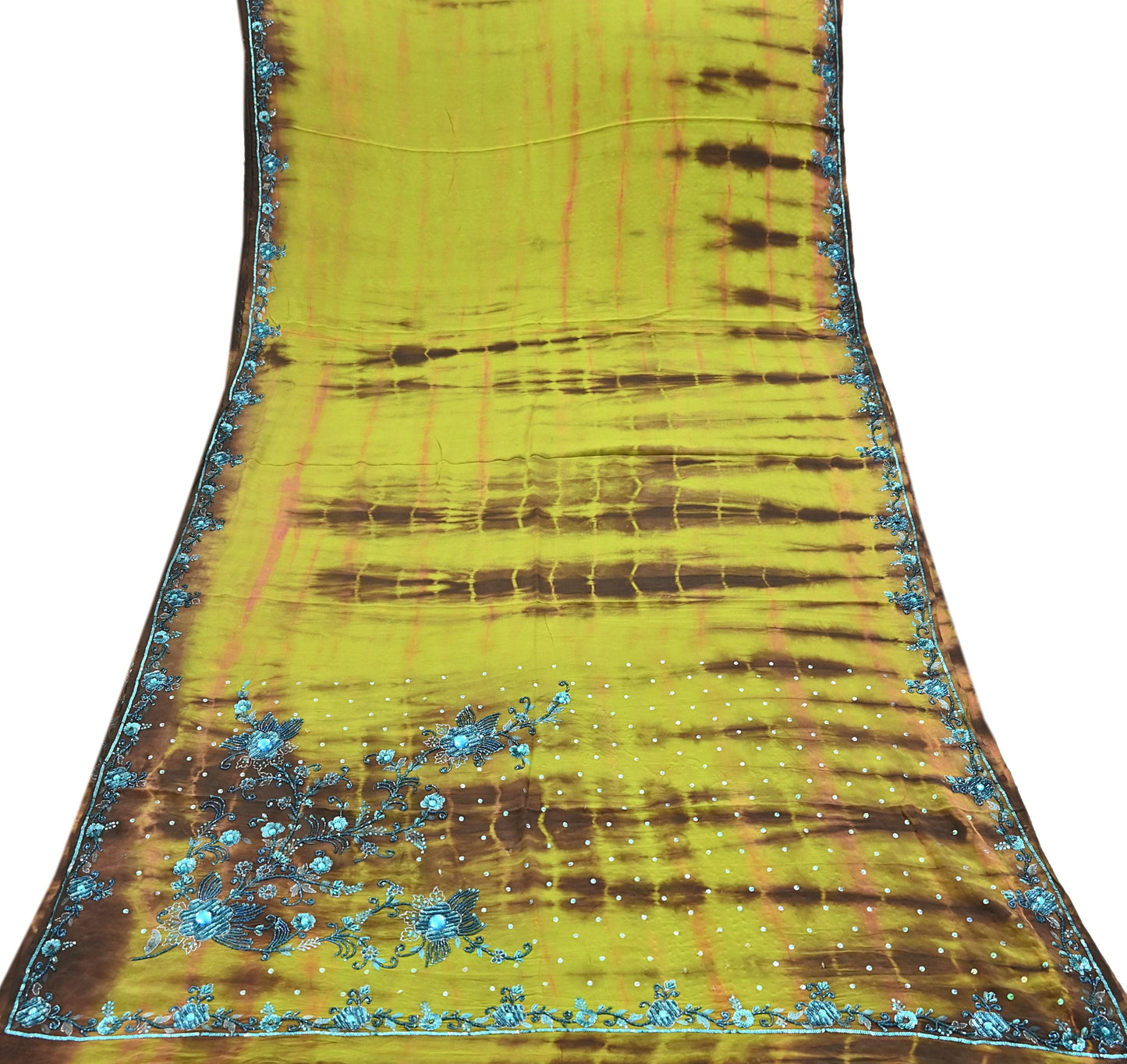 Indian Vintage Brown & Green Saree Pure Crepe Silk Hand Embroidered Tie-Dye Sari Fabric 5yard Sewing Craft Fabric Ethnic zari