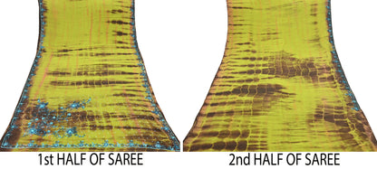 Indian Vintage Brown & Green Saree Pure Crepe Silk Hand Embroidered Tie-Dye Sari Fabric 5yard Sewing Craft Fabric Ethnic zari
