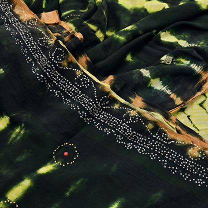 Indian Vintage Black & Yellow Saree Pure Crepe Silk Hand Embroidered Tie-Dye Sari Fabric 5yard Sewing Craft Fabric Ethnic zari