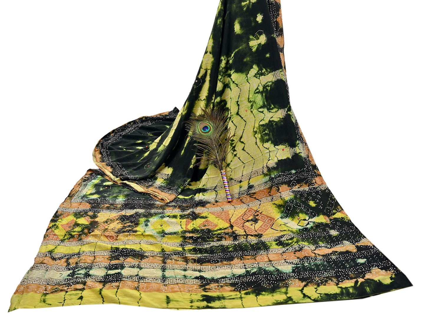 Indian Vintage Black & Yellow Saree Pure Crepe Silk Hand Embroidered Tie-Dye Sari Fabric 5yard Sewing Craft Fabric Ethnic zari