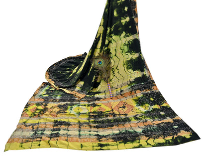 Indian Vintage Black & Yellow Saree Pure Crepe Silk Hand Embroidered Tie-Dye Sari Fabric 5yard Sewing Craft Fabric Ethnic zari