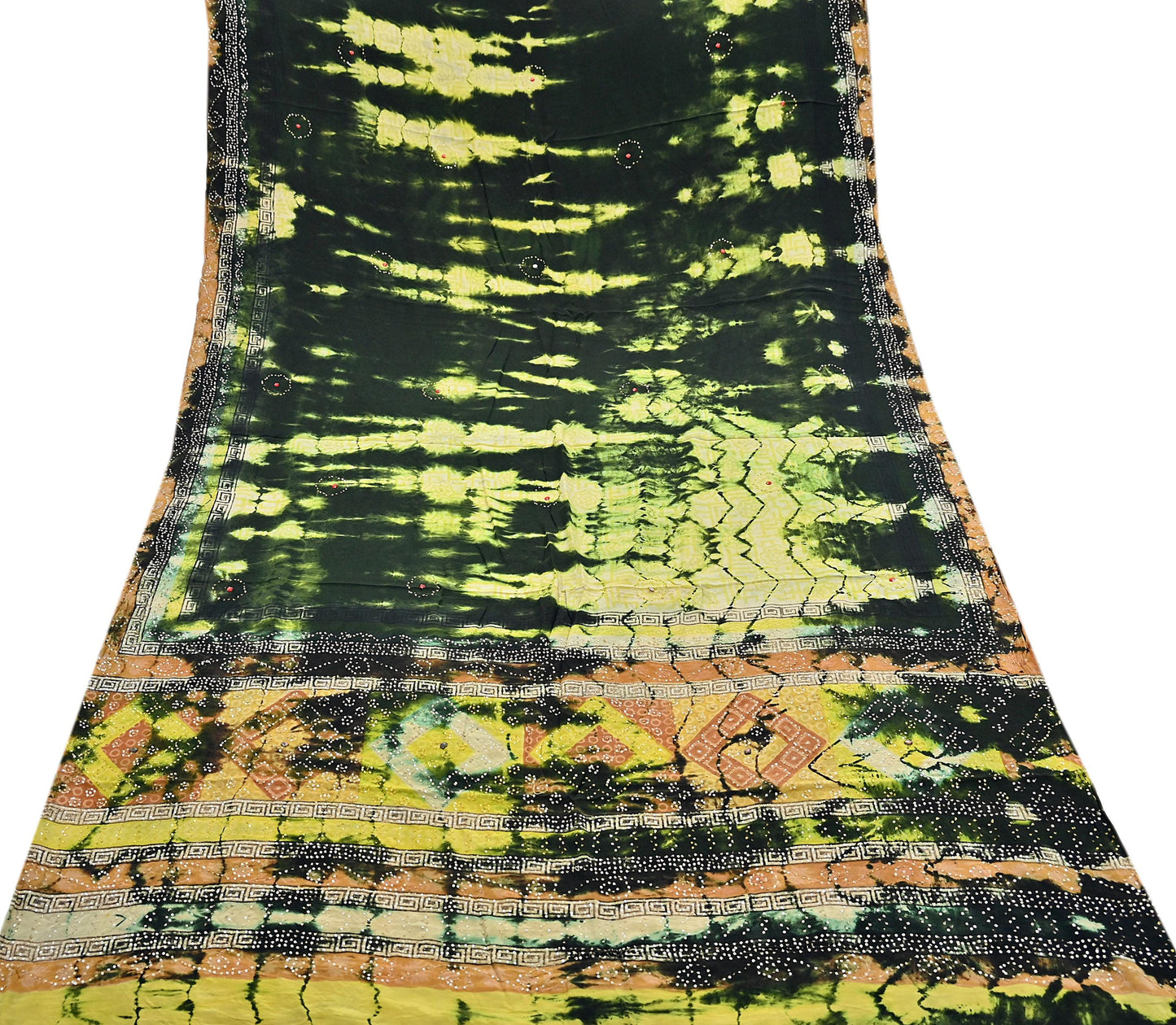 Indian Vintage Black & Yellow Saree Pure Crepe Silk Hand Embroidered Tie-Dye Sari Fabric 5yard Sewing Craft Fabric Ethnic zari