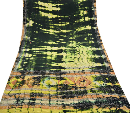 Indian Vintage Black & Yellow Saree Pure Crepe Silk Hand Embroidered Tie-Dye Sari Fabric 5yard Sewing Craft Fabric Ethnic zari