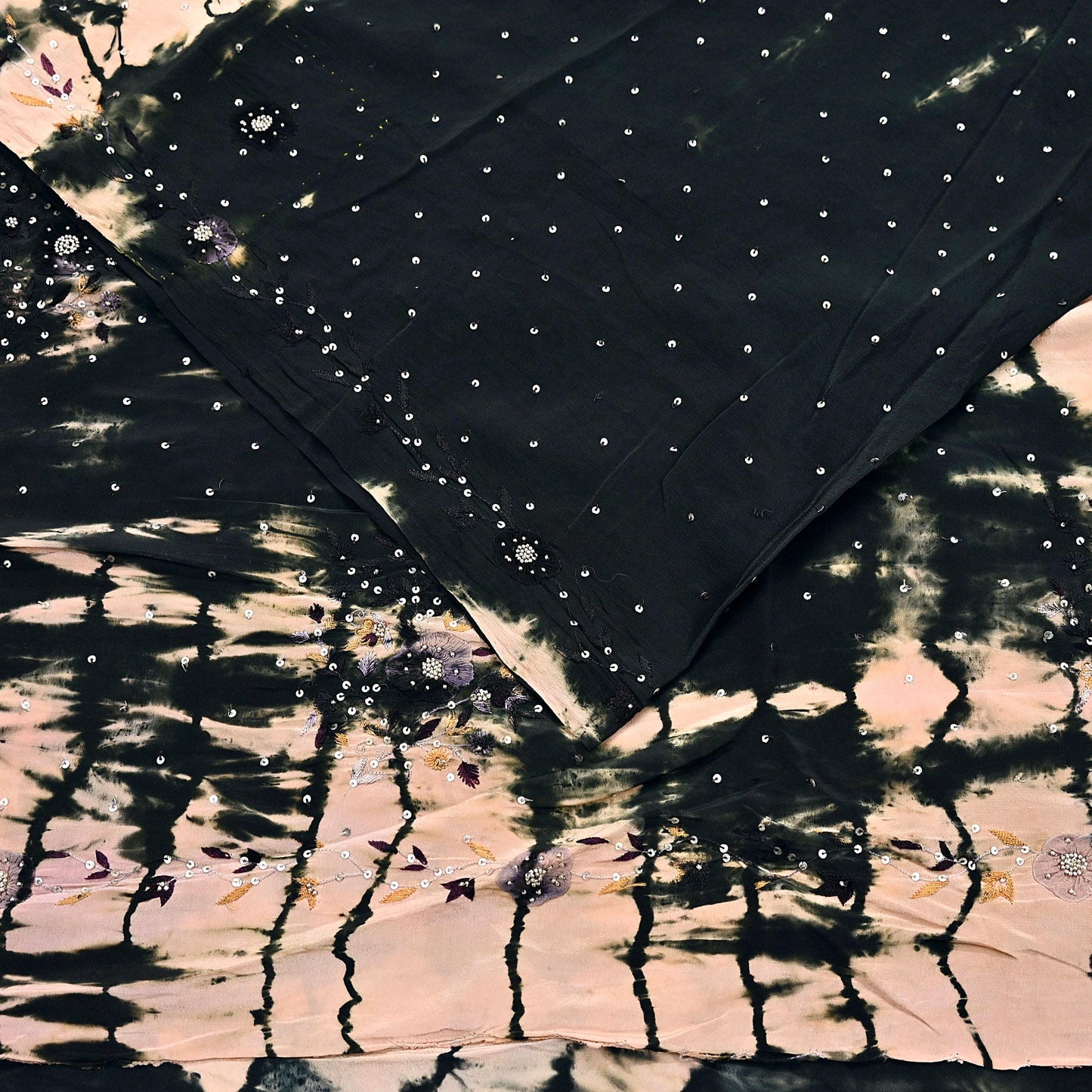 Indian Vintage black & peach Saree Pure Crepe Silk Hand Embroidered Tie-Dye Sari Fabric 5yard Sewing Craft Fabric Ethnic zari