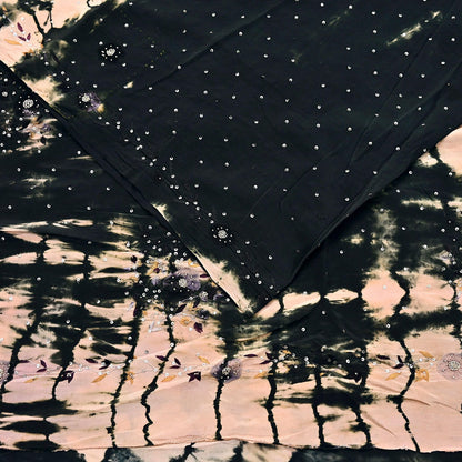 Indian Vintage black & peach Saree Pure Crepe Silk Hand Embroidered Tie-Dye Sari Fabric 5yard Sewing Craft Fabric Ethnic zari