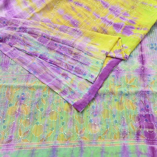 Indian Vintage Sari Green & purple Pure Crepe Silk Hand Embroidered Kantha Tie-Dye Saree 5yd Craft Fabric Sewing Floral Soft Dress making