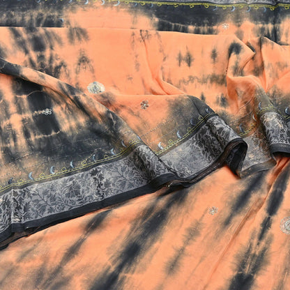 Indian Vintage Saree Peach & Black Pure Crepe Silk Hand Embroidered Tie-Dye Sari Fabric 5yard Sewing Craft Fabric Dressmaking Crafting Zari