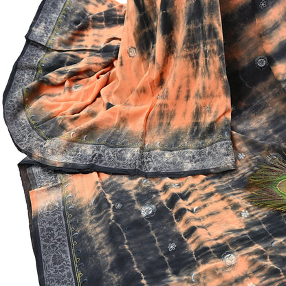 Indian Vintage Saree Peach & Black Pure Crepe Silk Hand Embroidered Tie-Dye Sari Fabric 5yard Sewing Craft Fabric Dressmaking Crafting Zari