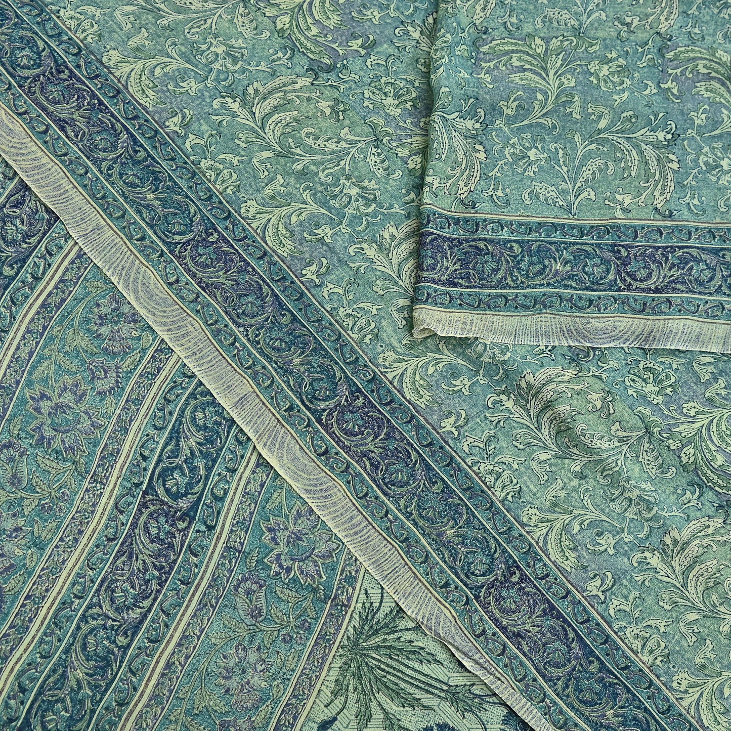 Indian Vintage Sari Green Pure Georgette Silk Block Printed Sarees Craft Fabric Sewing 5Yd Soft Sari Dress Making Crafting Quilting Upcycle