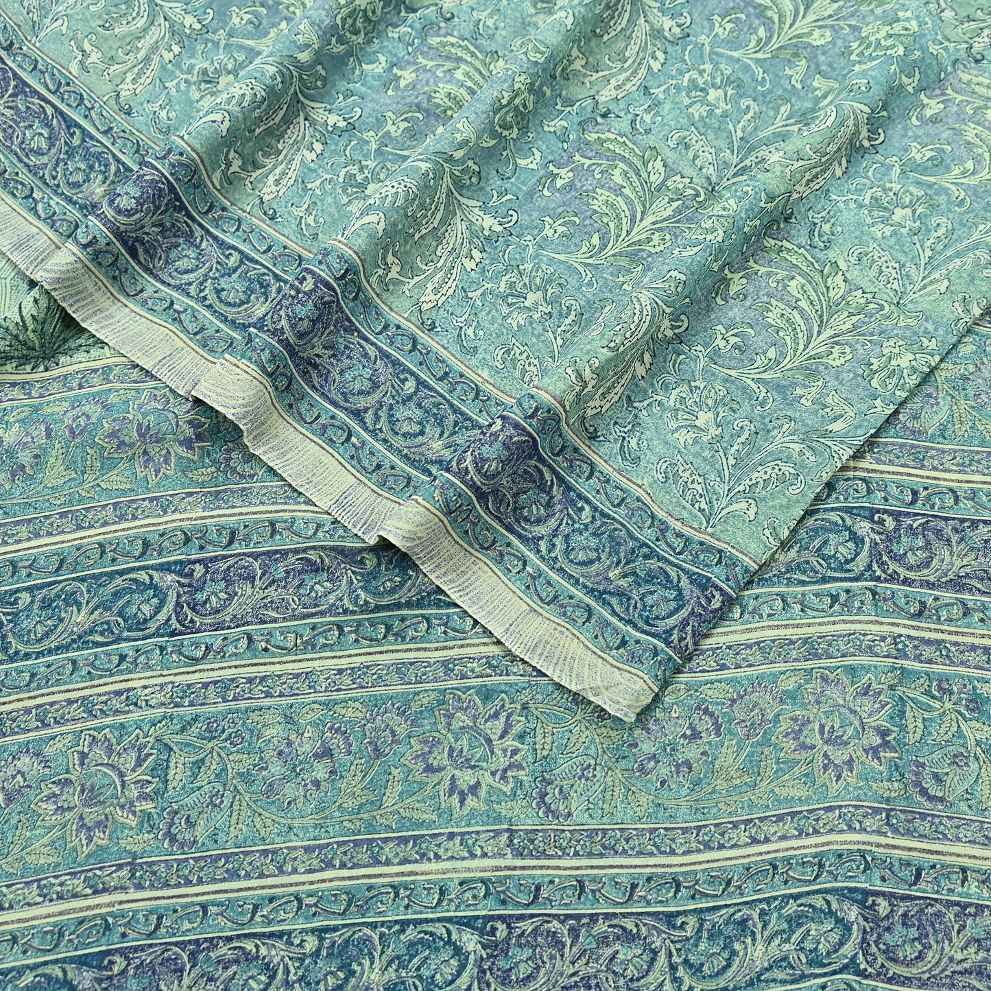 Indian Vintage Sari Green Pure Georgette Silk Block Printed Sarees Craft Fabric Sewing 5Yd Soft Sari Dress Making Crafting Quilting Upcycle