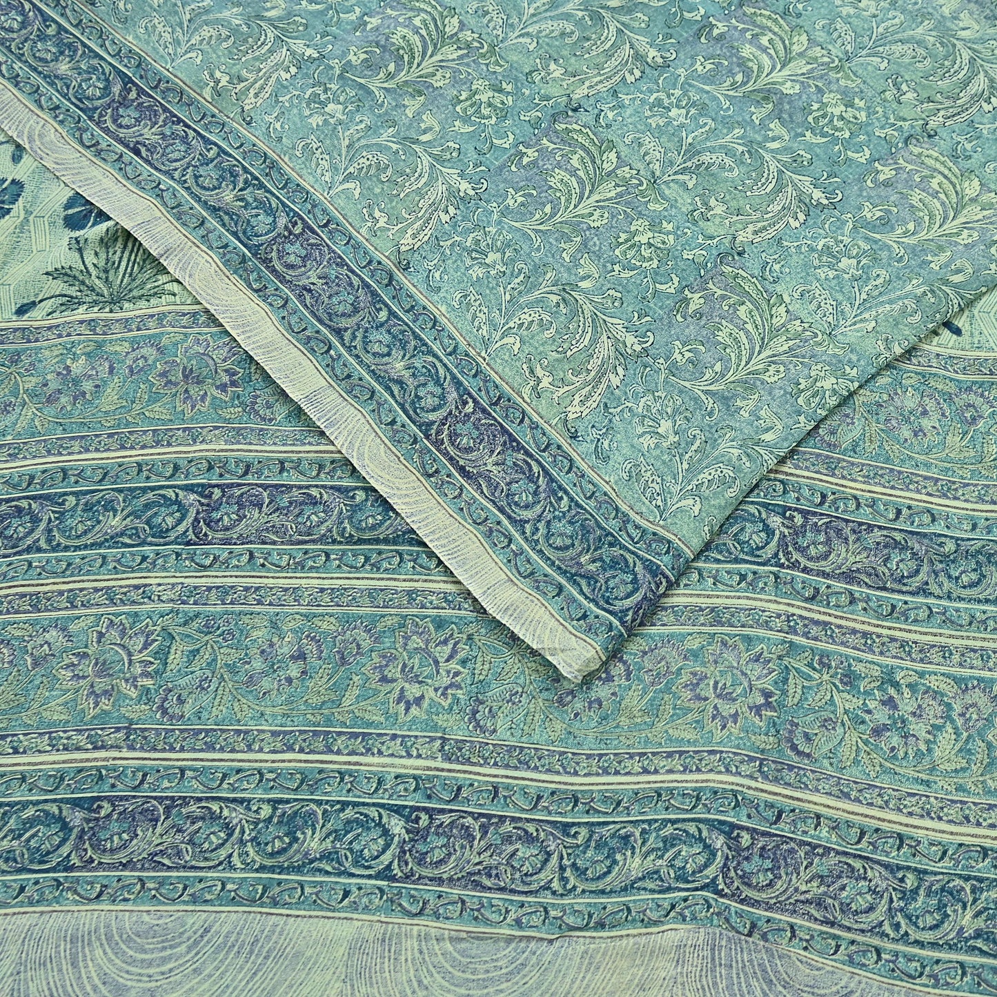 Indian Vintage Sari Green Pure Georgette Silk Block Printed Sarees Craft Fabric Sewing 5Yd Soft Sari Dress Making Crafting Quilting Upcycle