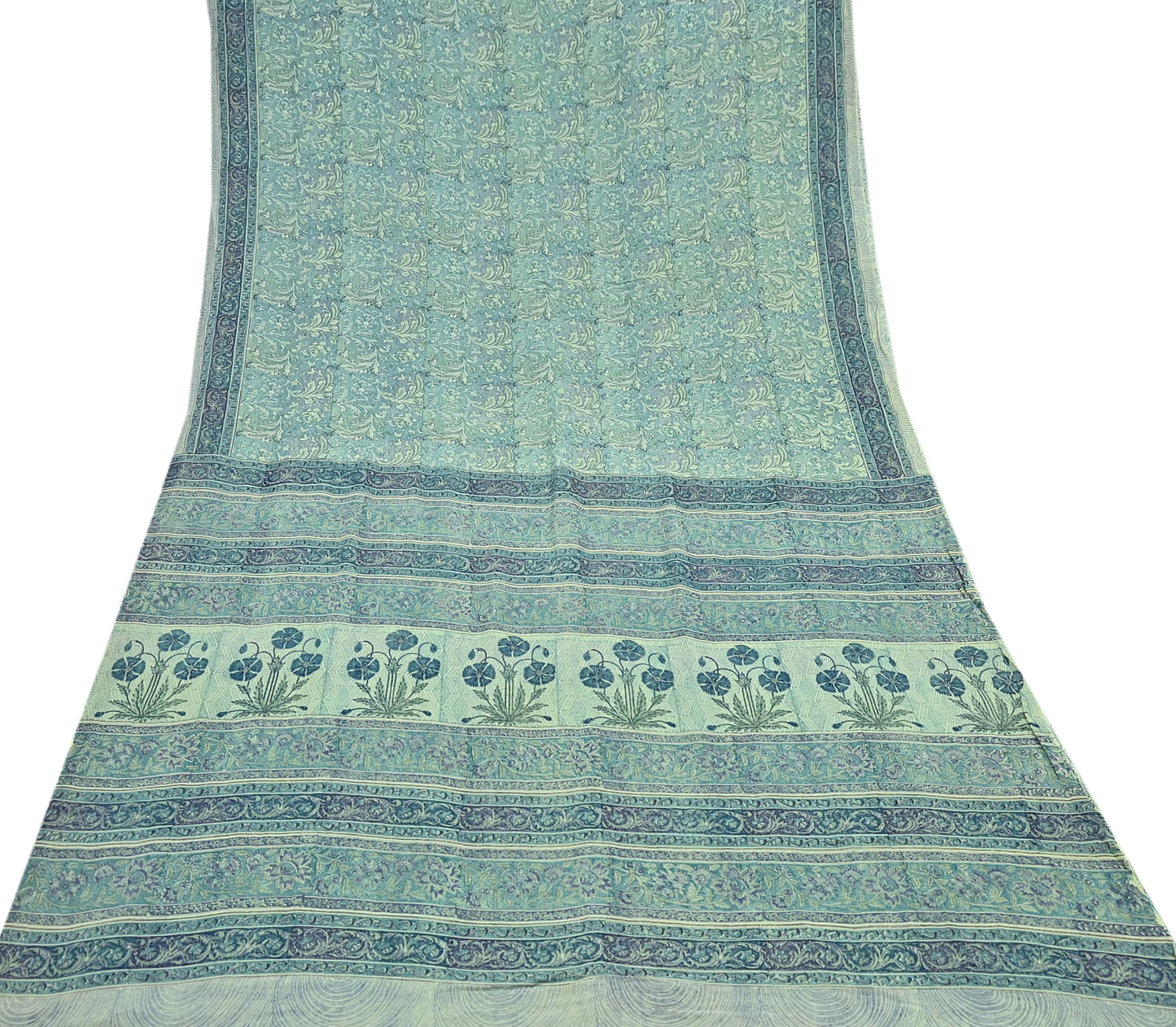 Indian Vintage Sari Green Pure Georgette Silk Block Printed Sarees Craft Fabric Sewing 5Yd Soft Sari Dress Making Crafting Quilting Upcycle