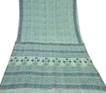 Indian Vintage Sari Green Pure Georgette Silk Block Printed Sarees Craft Fabric Sewing 5Yd Soft Sari Dress Making Crafting Quilting Upcycle